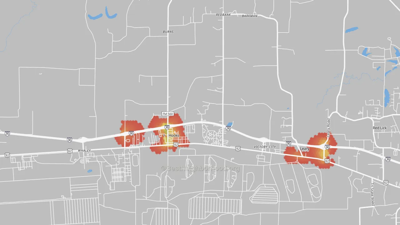Walk Grade map of 75561, TX, walkable areas in green and car-dependent areas in red