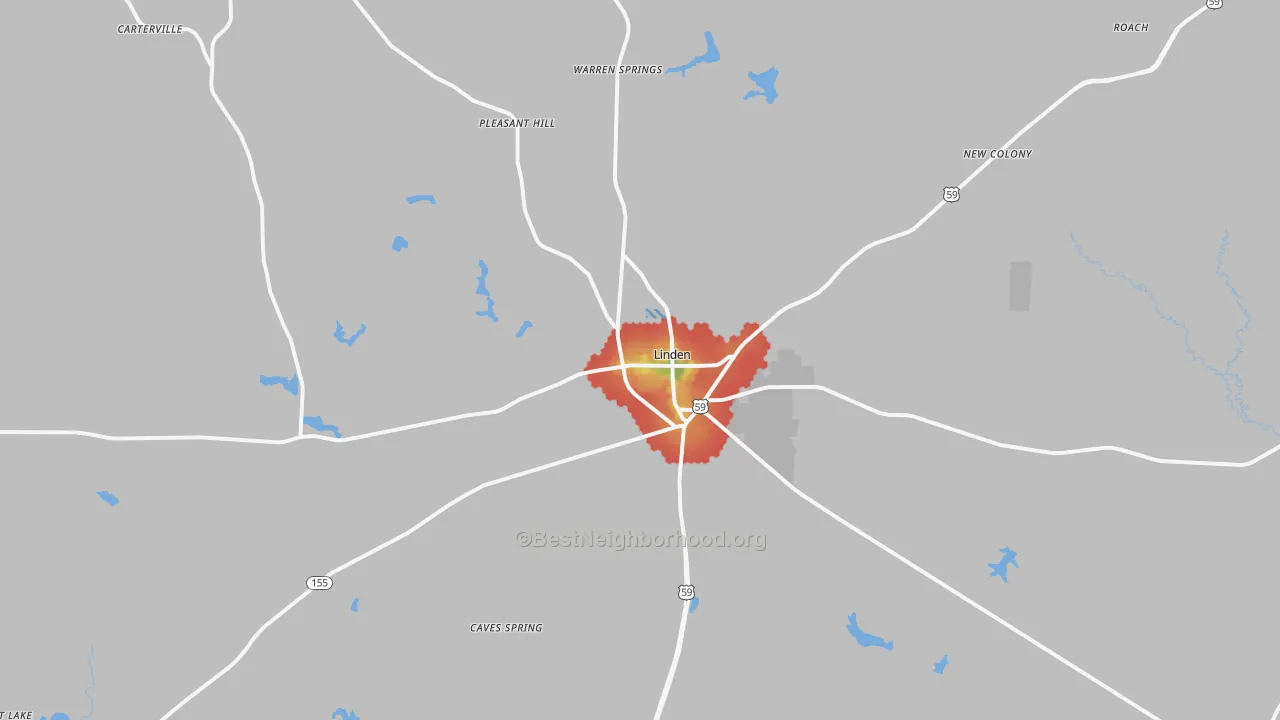 Walk Grade map of 75563, TX, walkable areas in green and car-dependent areas in red