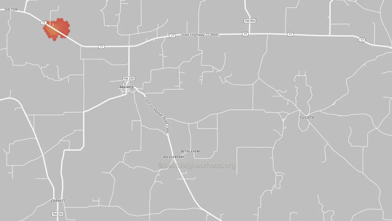 Walk Grade map of 75566, TX, walkable areas in green and car-dependent areas in red