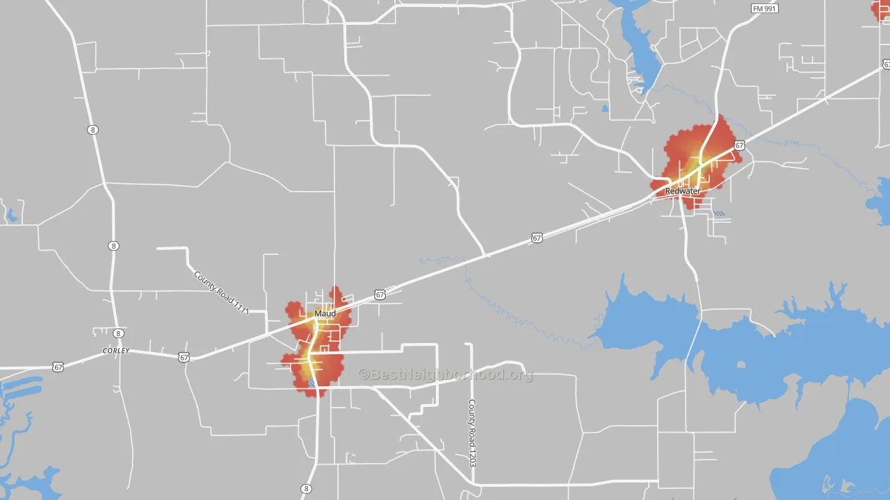 Walk Grade map of 75567, TX, walkable areas in green and car-dependent areas in red