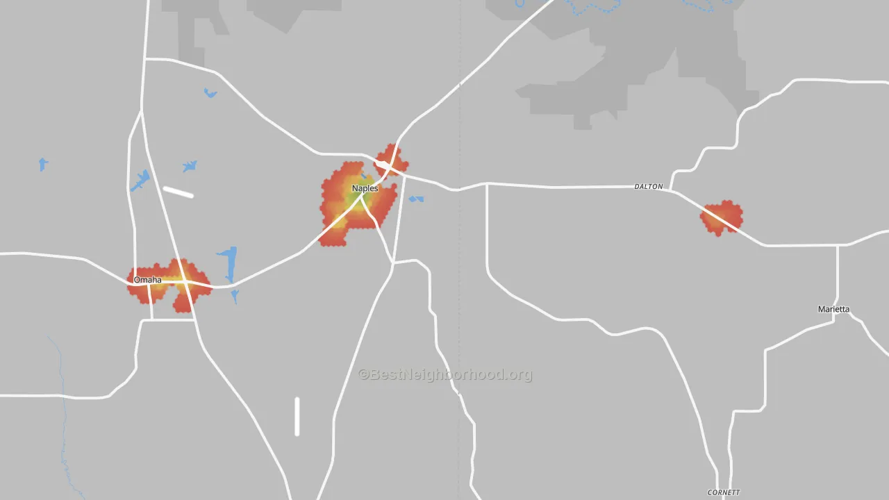 Walk Grade map of 75568, TX, walkable areas in green and car-dependent areas in red
