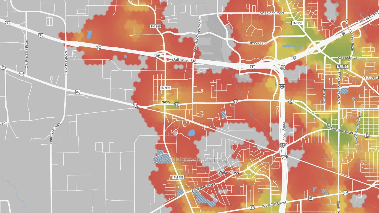 Walk Grade map of 75569, TX, walkable areas in green and car-dependent areas in red