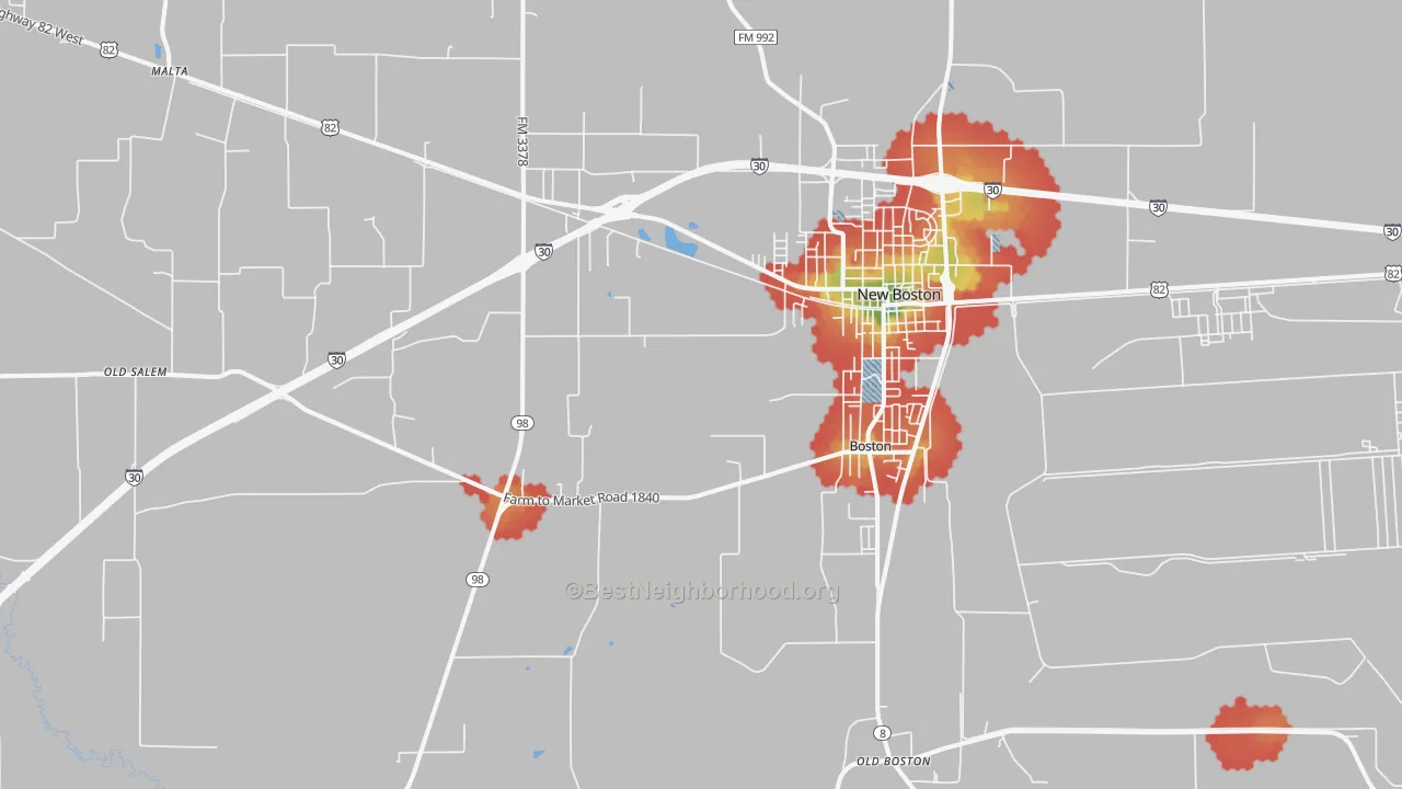 Walk Grade map of 75570, TX, walkable areas in green and car-dependent areas in red