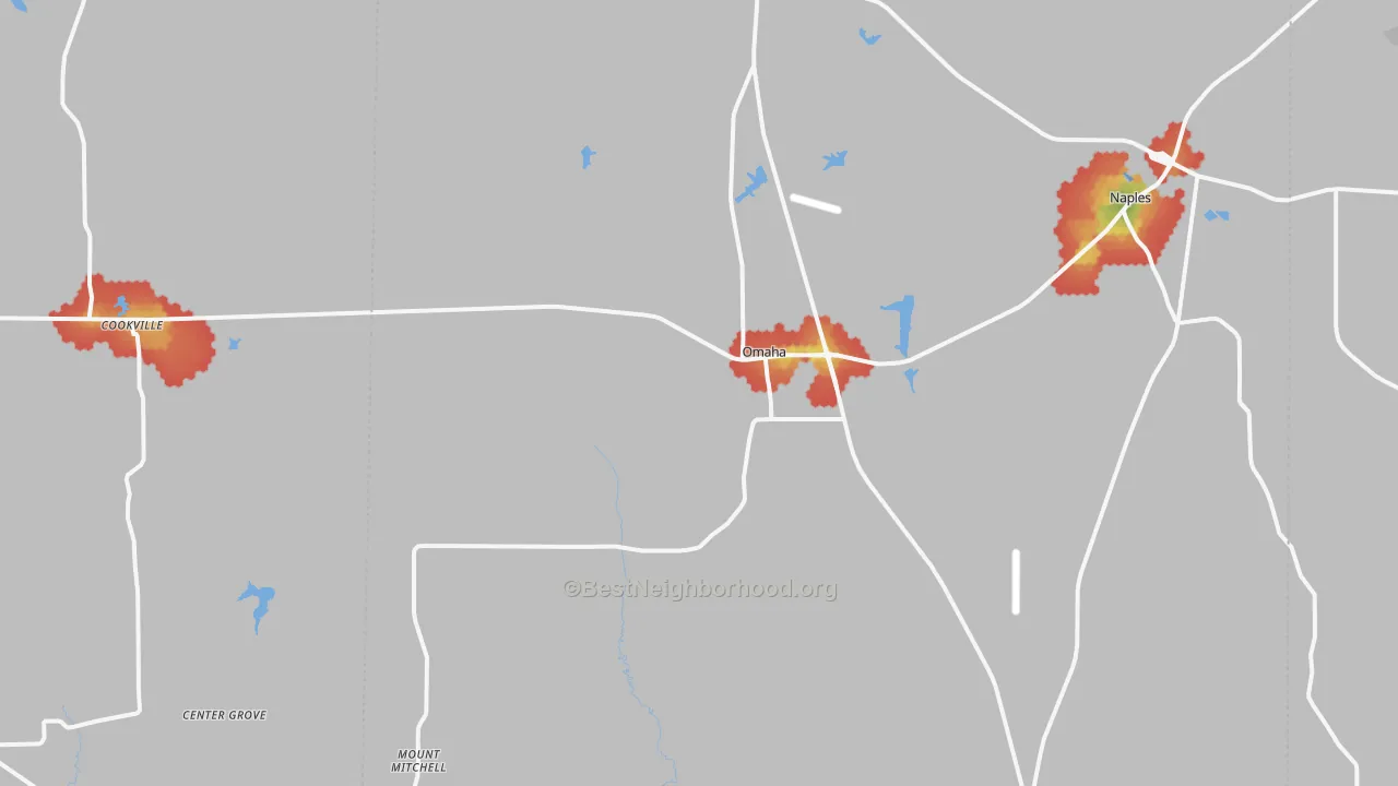 Walk Grade map of 75571, TX, walkable areas in green and car-dependent areas in red