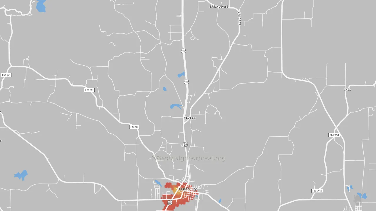 Walk Grade map of 75572, TX, walkable areas in green and car-dependent areas in red