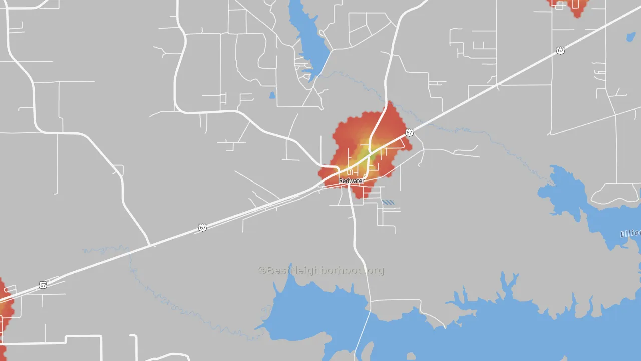Walk Grade map of 75573, TX, walkable areas in green and car-dependent areas in red