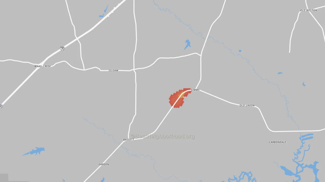 Walk Grade map of 75574, TX, walkable areas in green and car-dependent areas in red