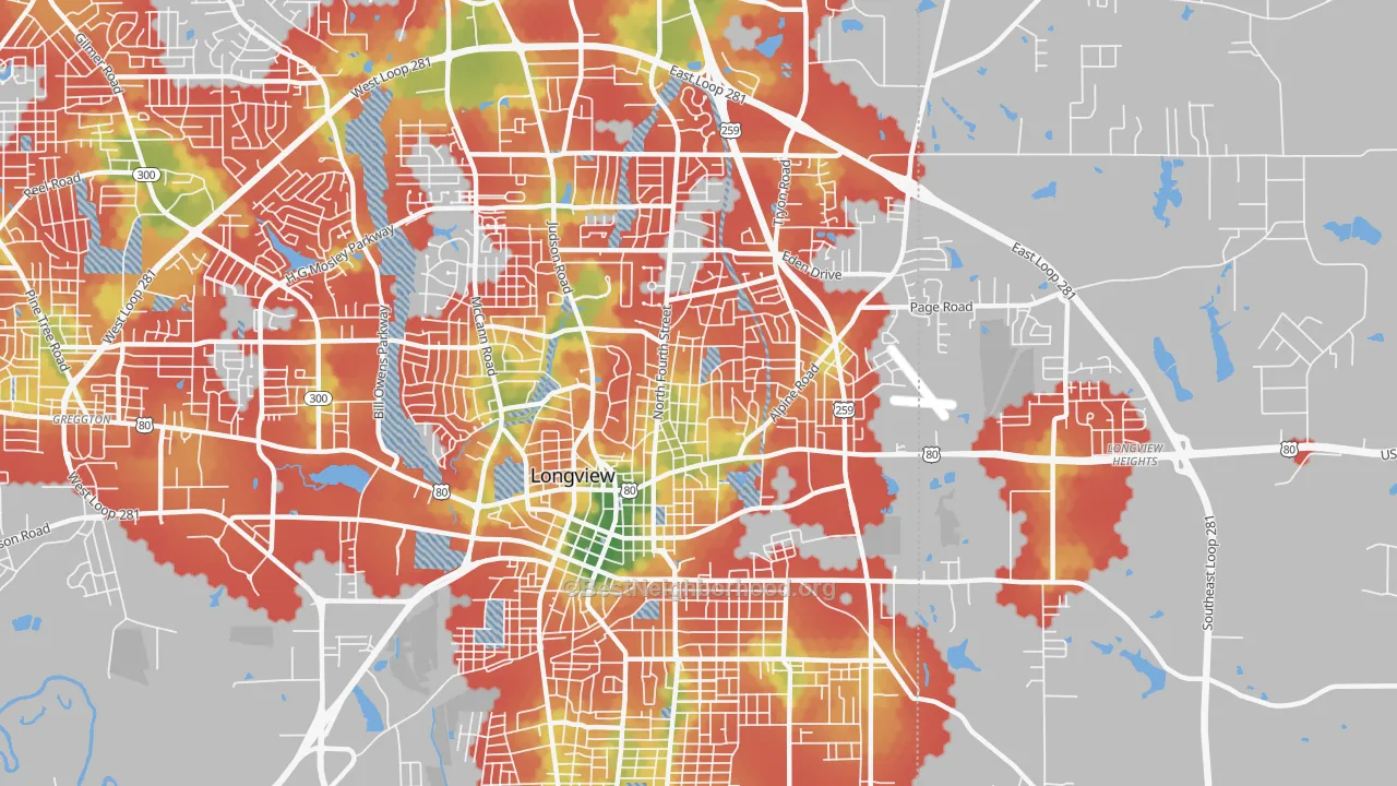 Walk Grade map of 75601, TX, walkable areas in green and car-dependent areas in red