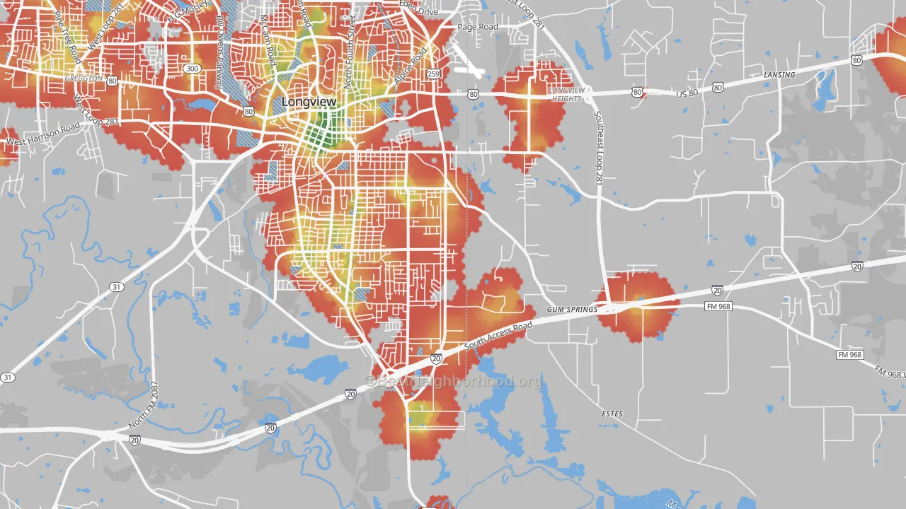 Walk Grade map of 75602, TX, walkable areas in green and car-dependent areas in red