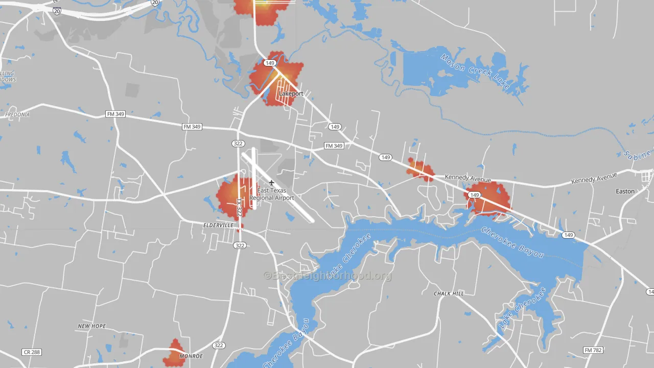 Walk Grade map of 75603, TX, walkable areas in green and car-dependent areas in red