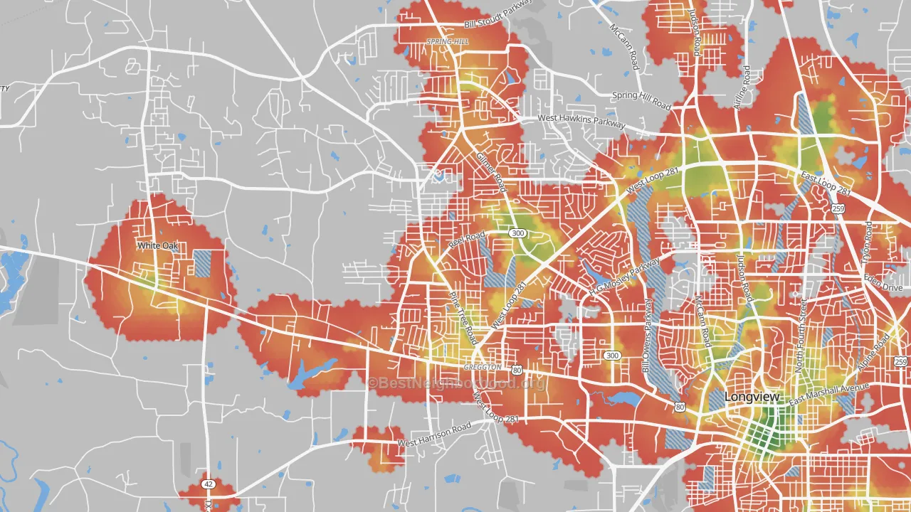 Walk Grade map of 75604, TX, walkable areas in green and car-dependent areas in red