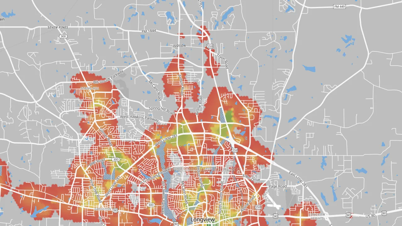 Walk Grade map of 75605, TX, walkable areas in green and car-dependent areas in red