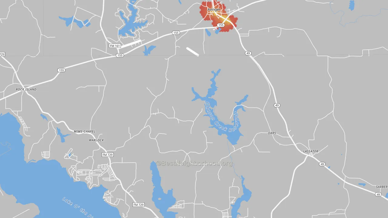 Walk Grade map of 75630, TX, walkable areas in green and car-dependent areas in red