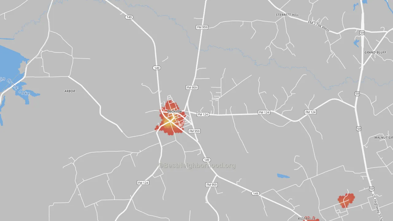 Walk Grade map of 75631, TX, walkable areas in green and car-dependent areas in red