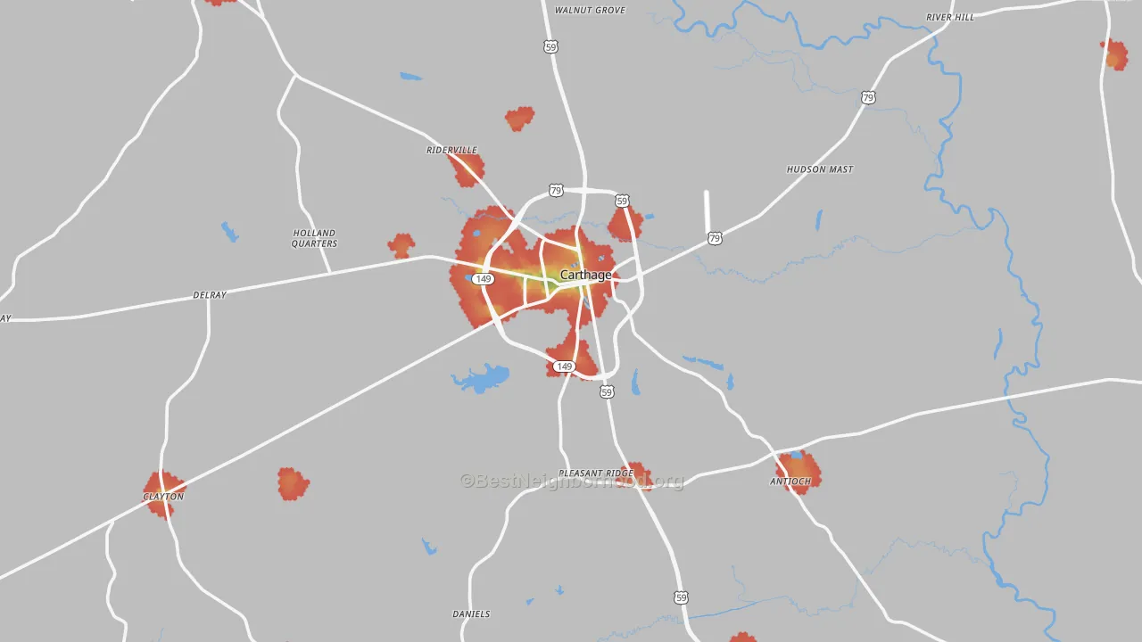 Walk Grade map of 75633, TX, walkable areas in green and car-dependent areas in red