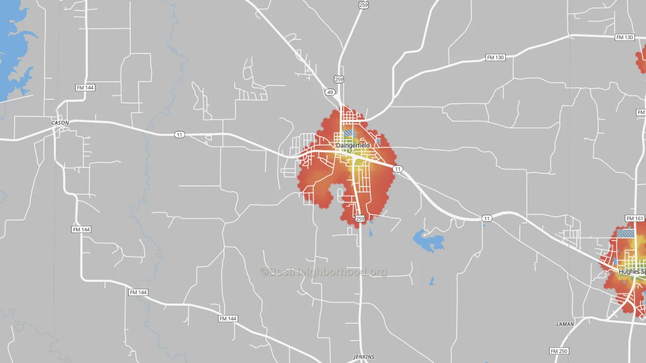 Walk Grade map of 75638, TX, walkable areas in green and car-dependent areas in red