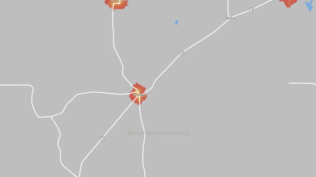 Walk Grade map of 75639, TX, walkable areas in green and car-dependent areas in red