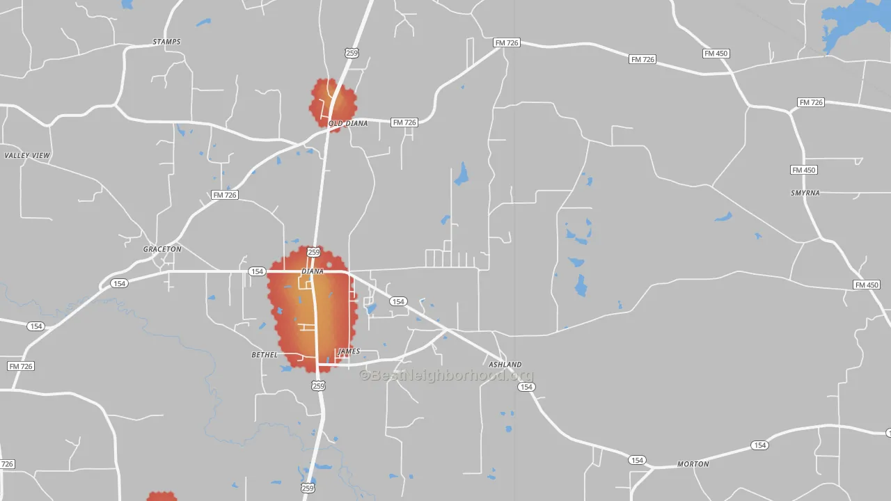 Walk Grade map of 75640, TX, walkable areas in green and car-dependent areas in red