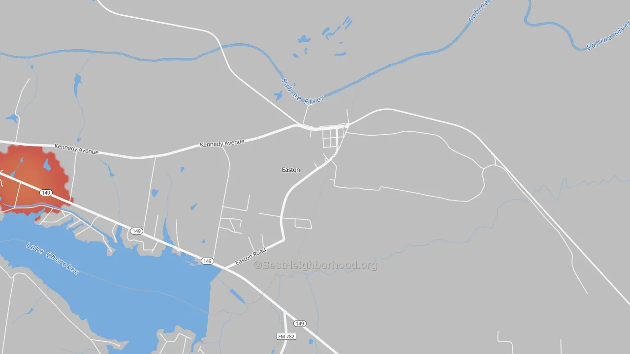 Walk Grade map of 75641, TX, walkable areas in green and car-dependent areas in red