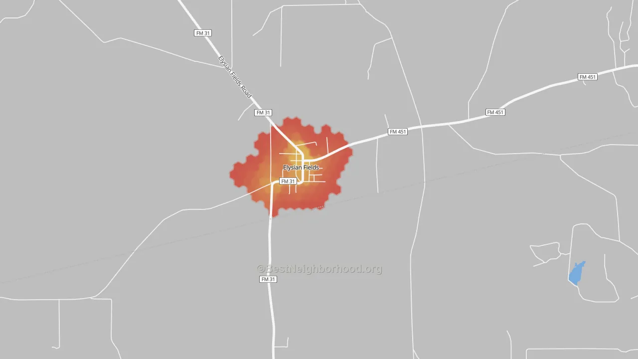 Walk Grade map of 75642, TX, walkable areas in green and car-dependent areas in red