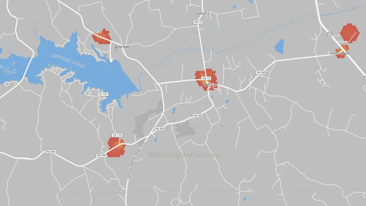 Walk Grade map of 75643, TX, walkable areas in green and car-dependent areas in red