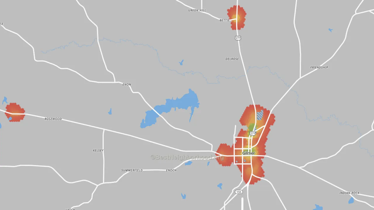 Walk Grade map of 75644, TX, walkable areas in green and car-dependent areas in red