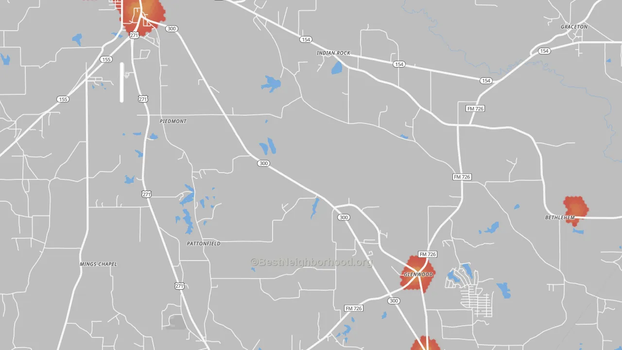 Walk Grade map of 75645, TX, walkable areas in green and car-dependent areas in red