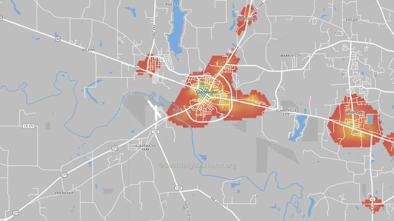 Walk Grade map of 75647, TX, walkable areas in green and car-dependent areas in red