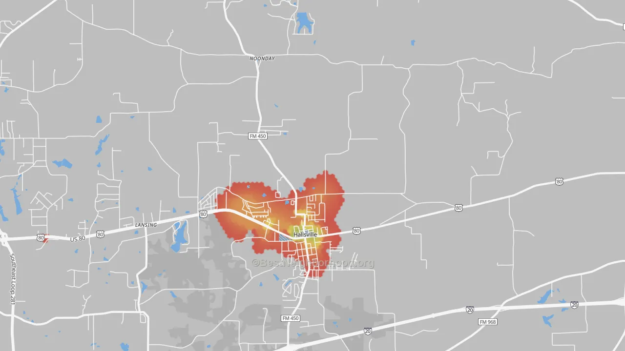 Walk Grade map of 75650, TX, walkable areas in green and car-dependent areas in red