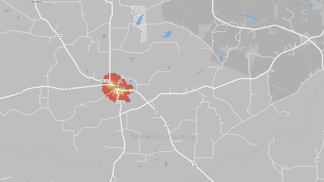 Walk Grade map of 75651, TX, walkable areas in green and car-dependent areas in red