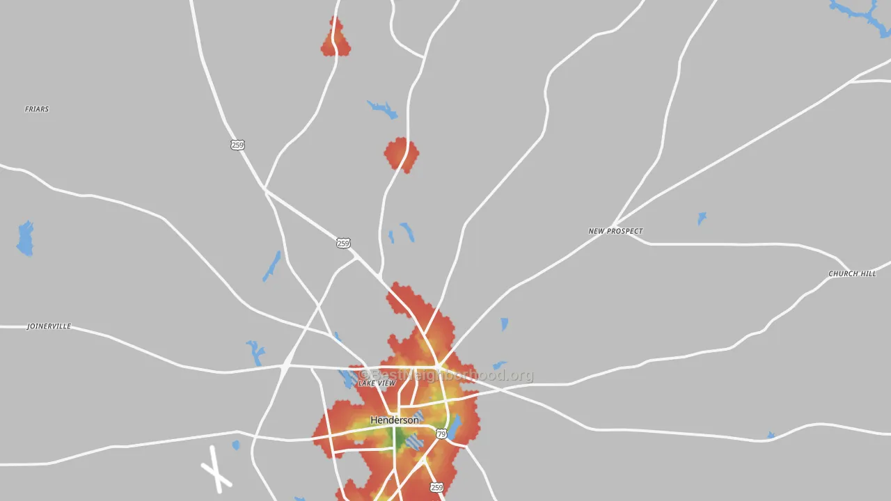 Walk Grade map of 75652, TX, walkable areas in green and car-dependent areas in red