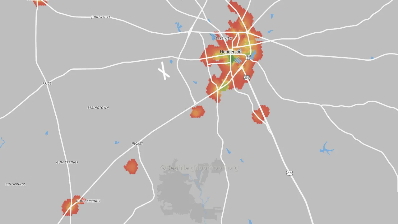 Walk Grade map of 75654, TX, walkable areas in green and car-dependent areas in red