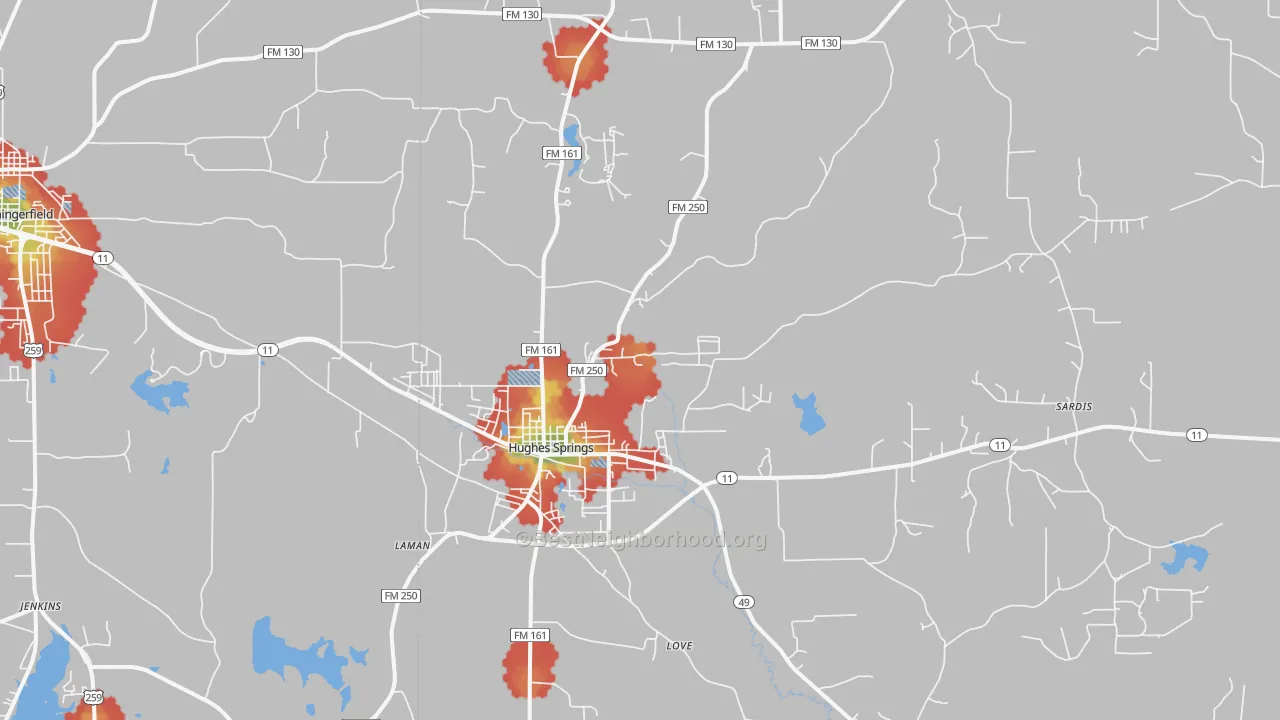 Walk Grade map of 75656, TX, walkable areas in green and car-dependent areas in red