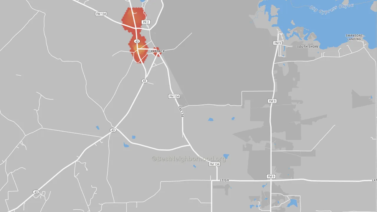 Walk Grade map of 75661, TX, walkable areas in green and car-dependent areas in red