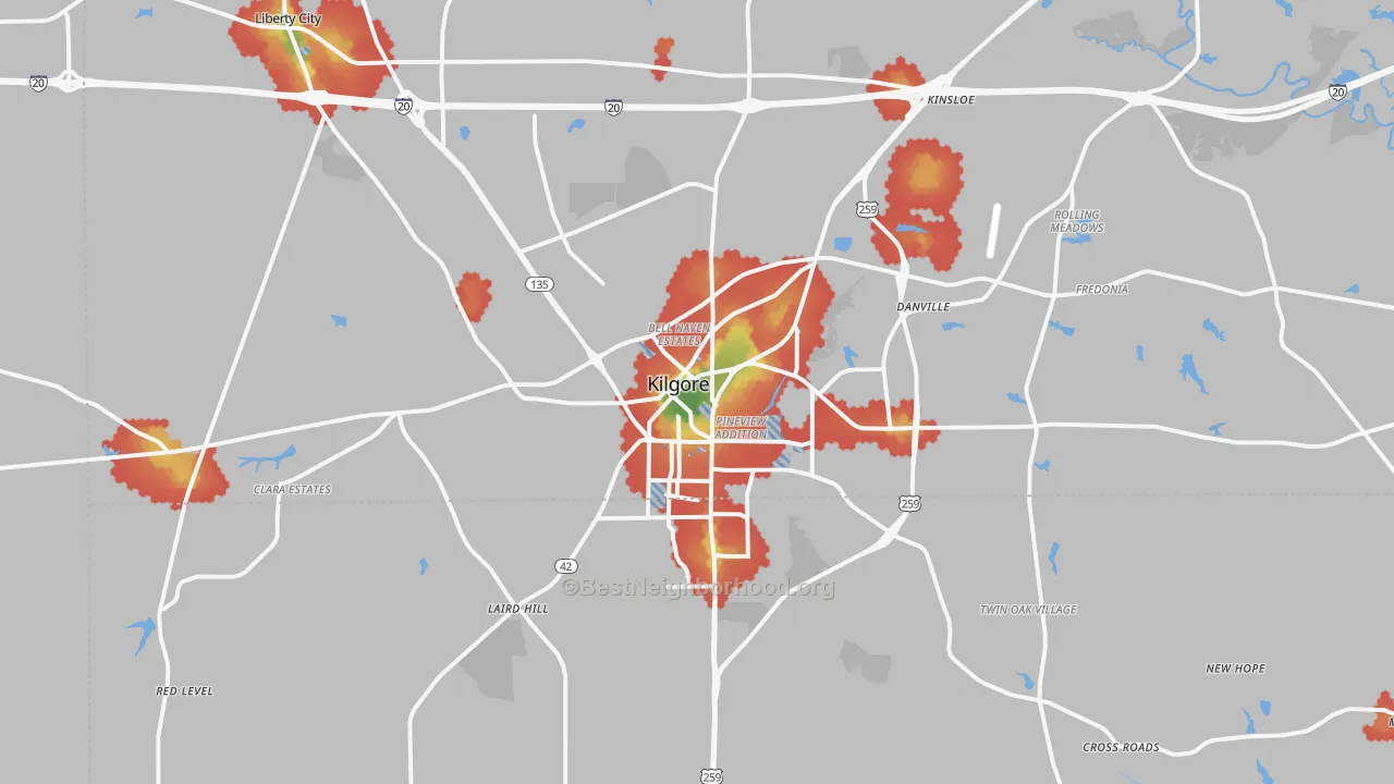 Walk Grade map of 75662, TX, walkable areas in green and car-dependent areas in red