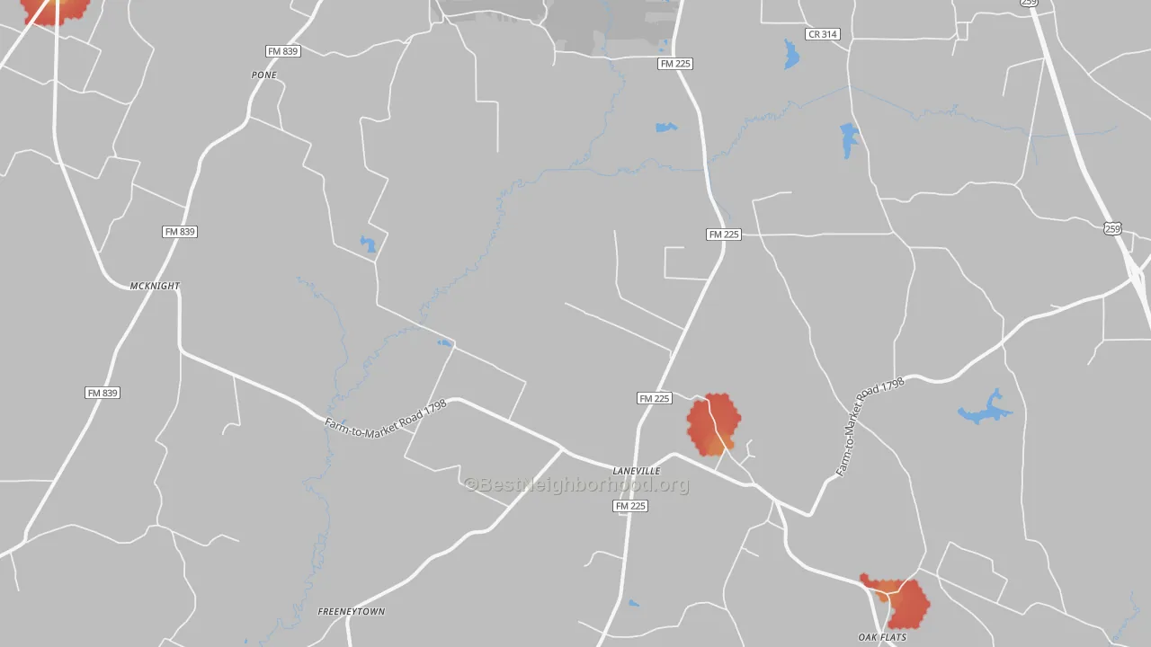 Walk Grade map of 75667, TX, walkable areas in green and car-dependent areas in red