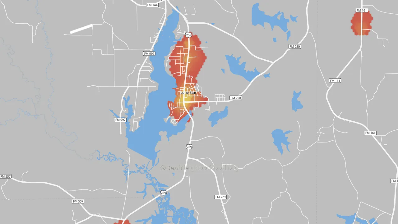 Walk Grade map of 75668, TX, walkable areas in green and car-dependent areas in red