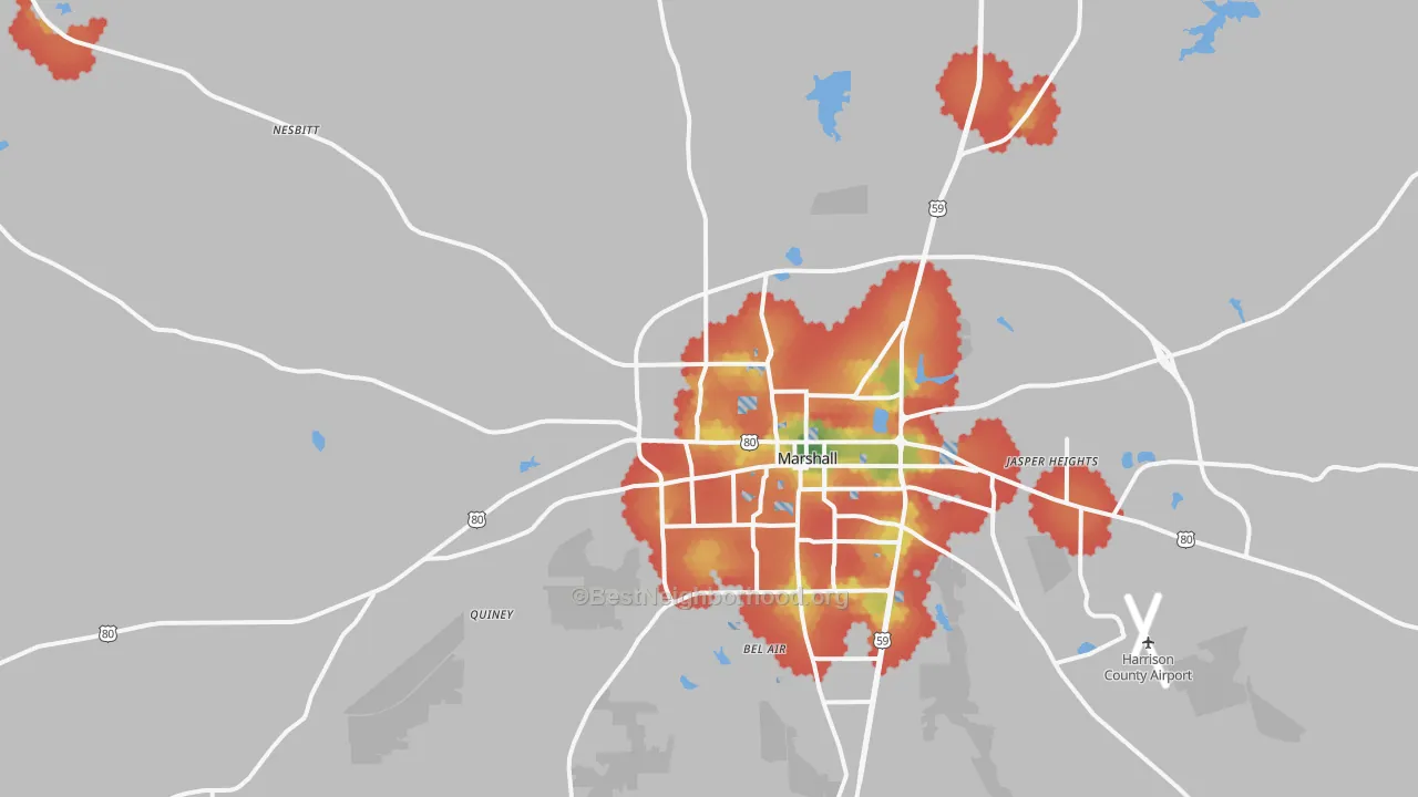Walk Grade map of 75670, TX, walkable areas in green and car-dependent areas in red