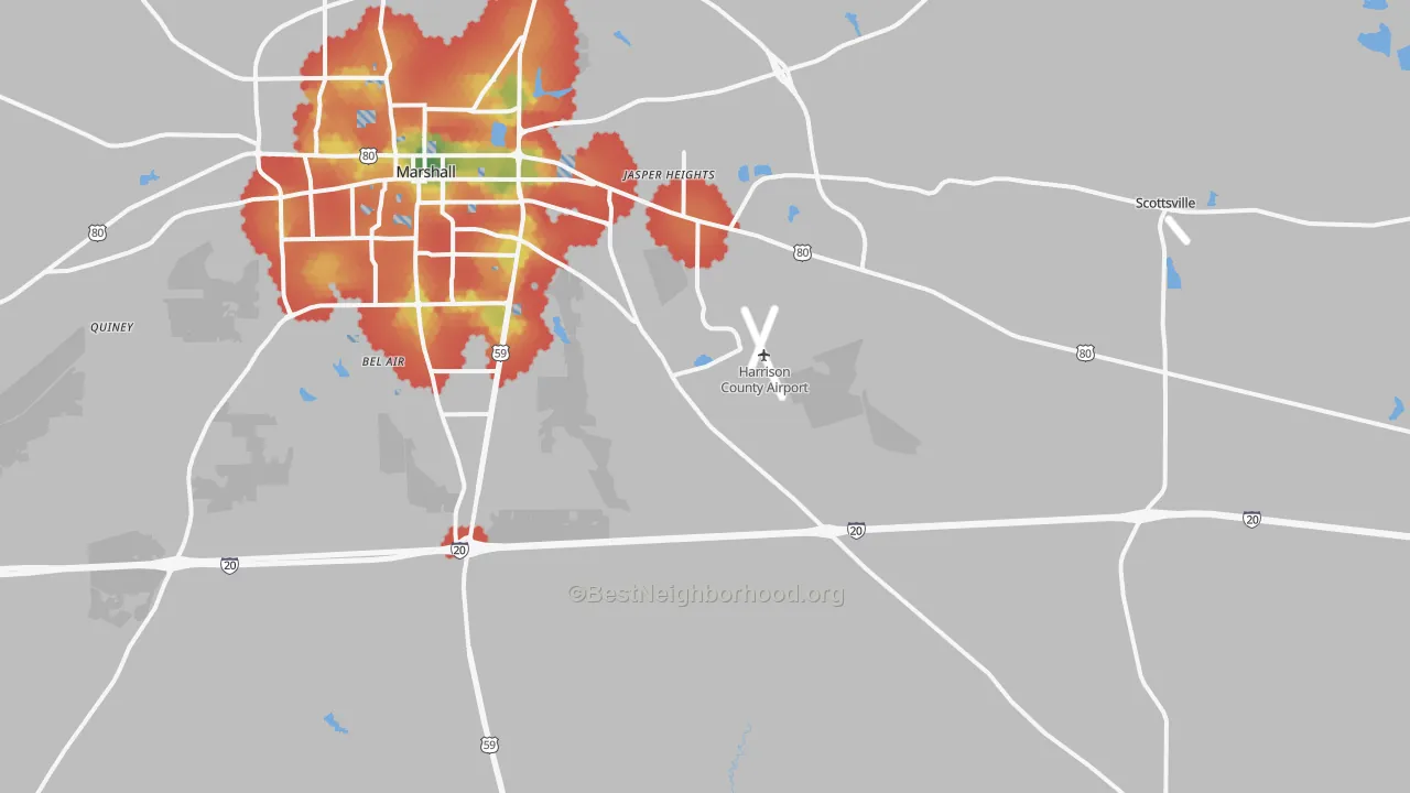 Walk Grade map of 75672, TX, walkable areas in green and car-dependent areas in red