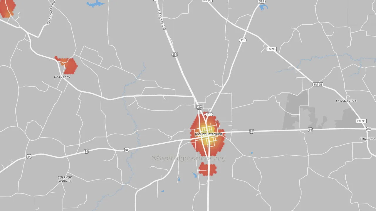 Walk Grade map of 75681, TX, walkable areas in green and car-dependent areas in red
