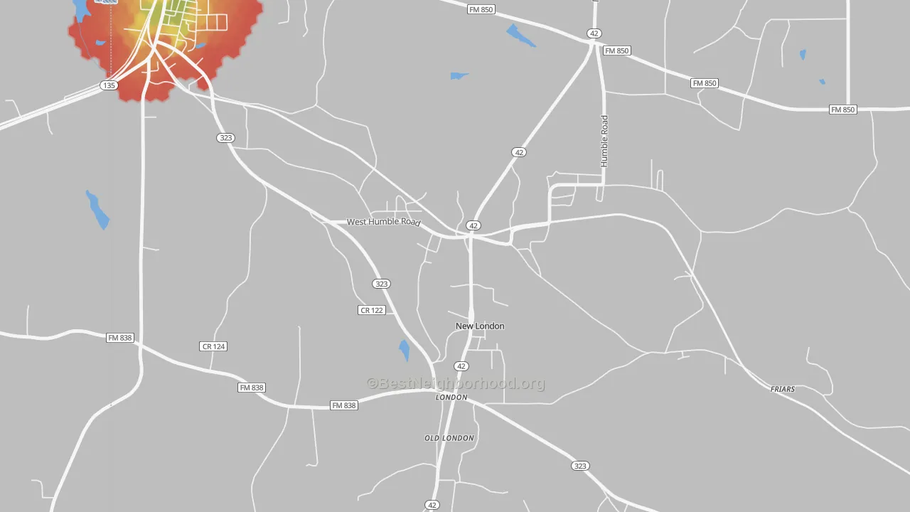 Walk Grade map of 75682, TX, walkable areas in green and car-dependent areas in red