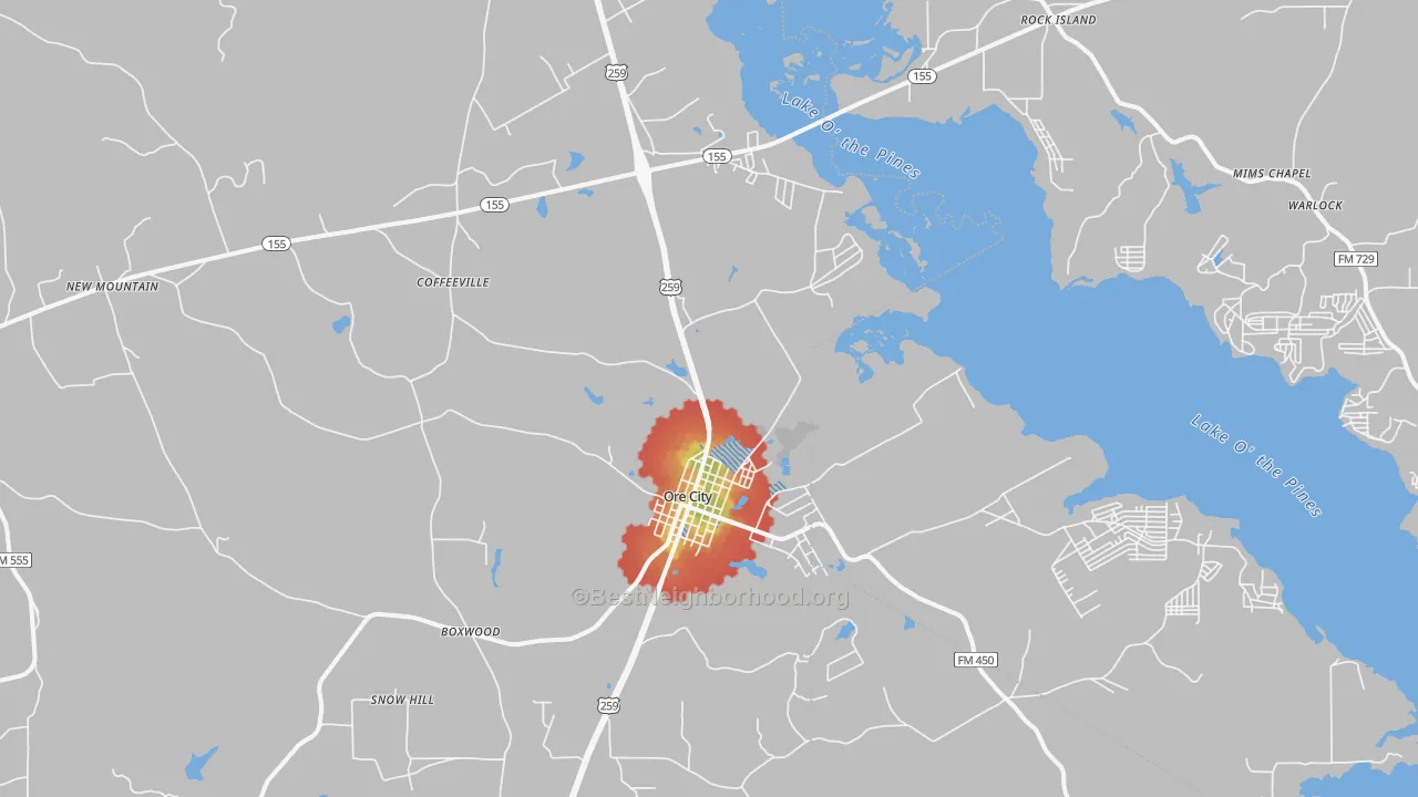 Walk Grade map of 75683, TX, walkable areas in green and car-dependent areas in red