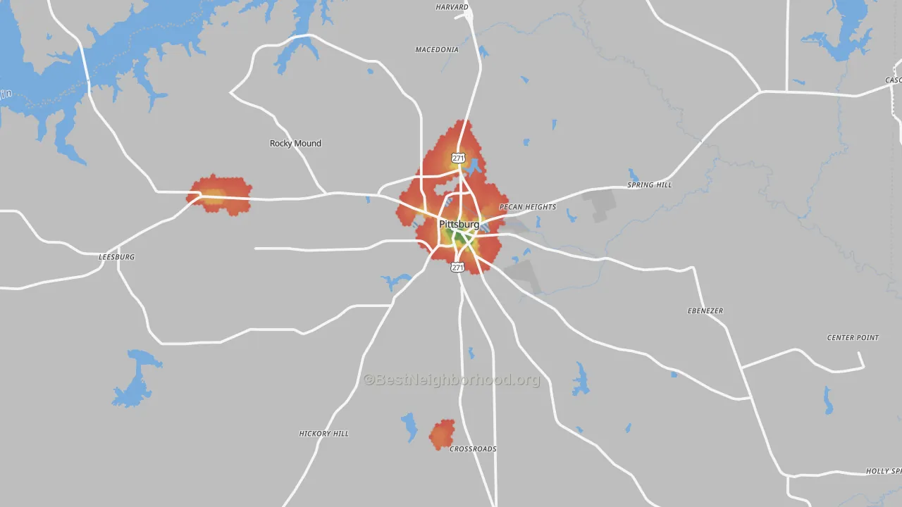 Walk Grade map of 75686, TX, walkable areas in green and car-dependent areas in red