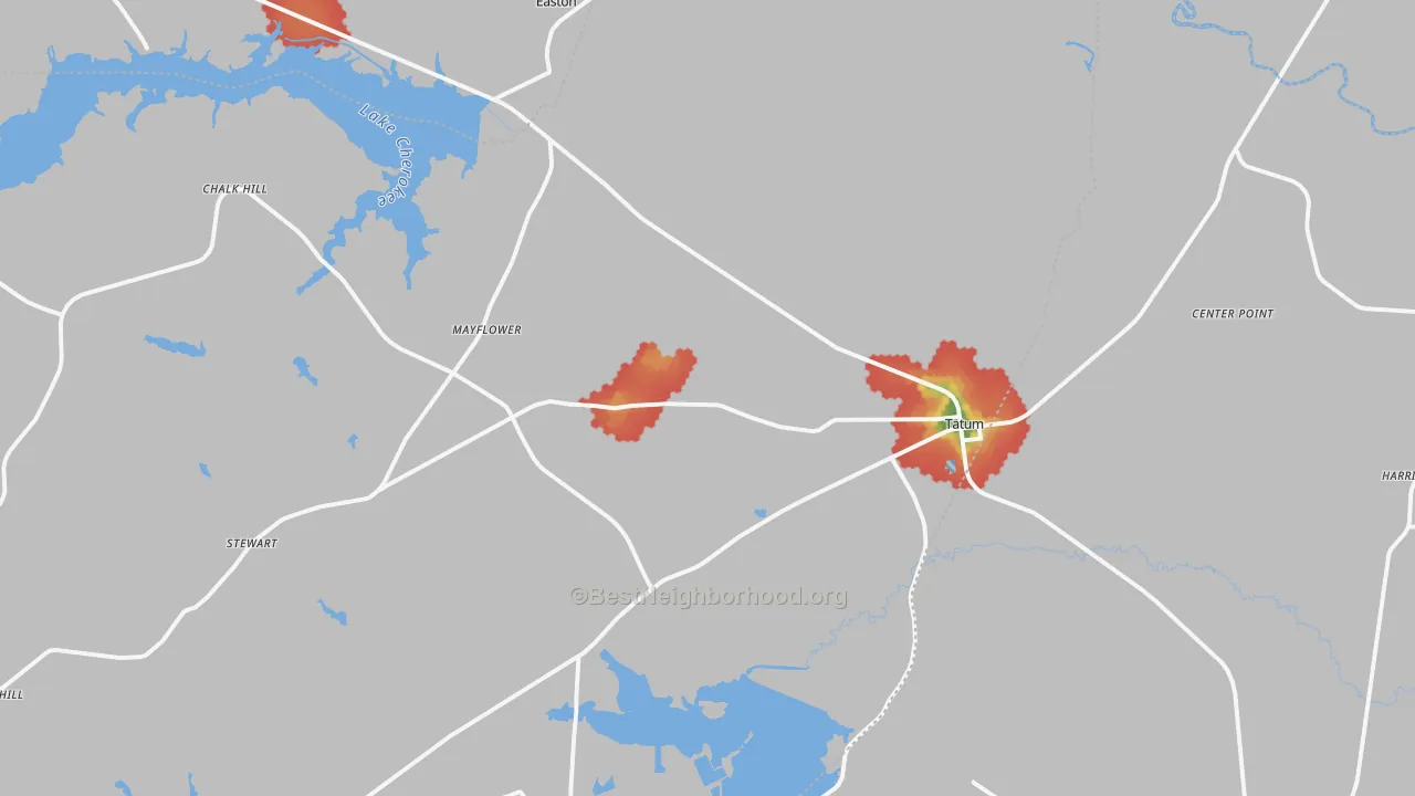 Walk Grade map of 75691, TX, walkable areas in green and car-dependent areas in red