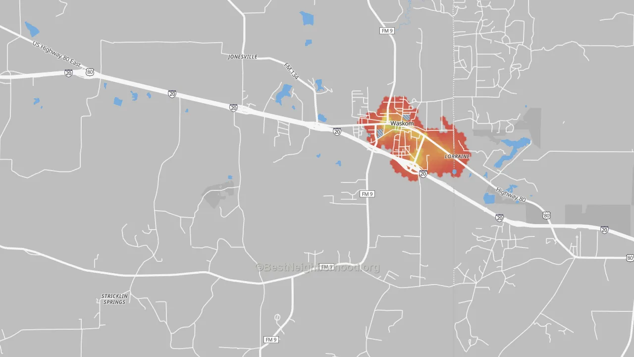 Walk Grade map of 75692, TX, walkable areas in green and car-dependent areas in red