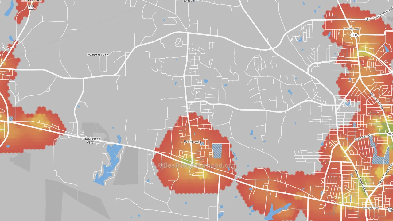 Walk Grade map of 75693, TX, walkable areas in green and car-dependent areas in red