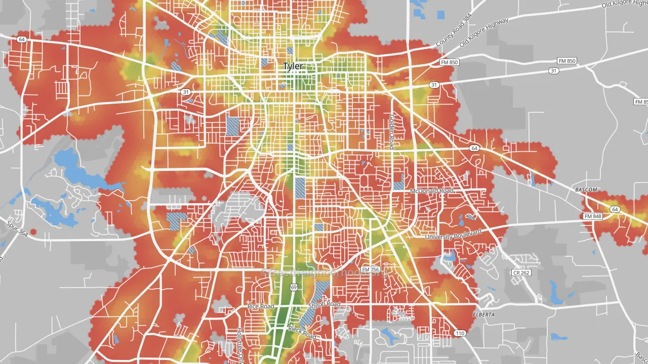 Walk Grade map of 75701, TX, walkable areas in green and car-dependent areas in red