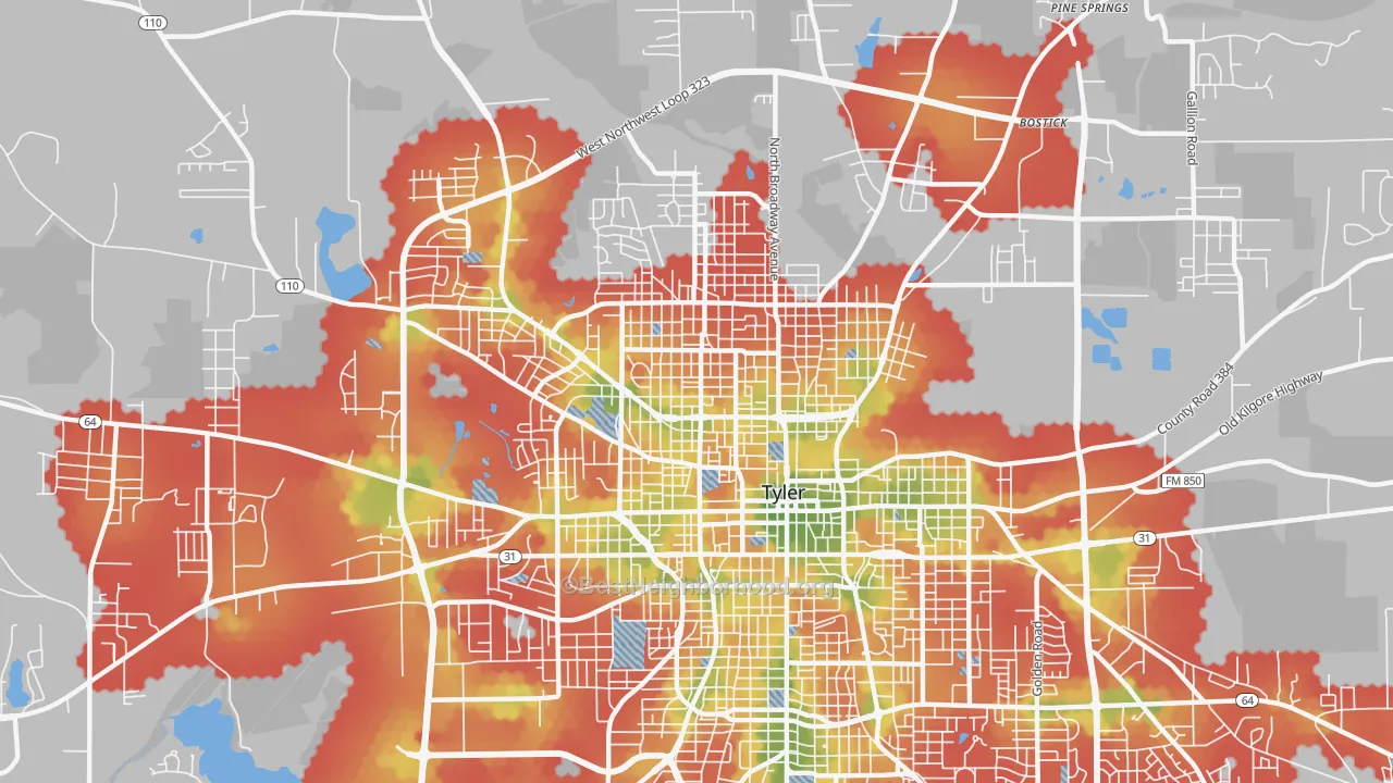Walk Grade map of 75702, TX, walkable areas in green and car-dependent areas in red