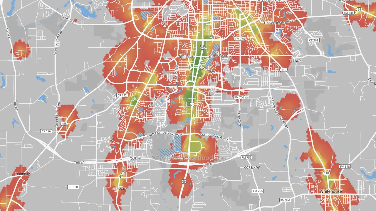 Walk Grade map of 75703, TX, walkable areas in green and car-dependent areas in red