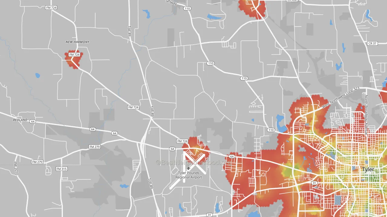 Walk Grade map of 75704, TX, walkable areas in green and car-dependent areas in red
